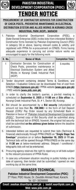 Pakistan Industrial Development Corporation Karachi Tender Notice